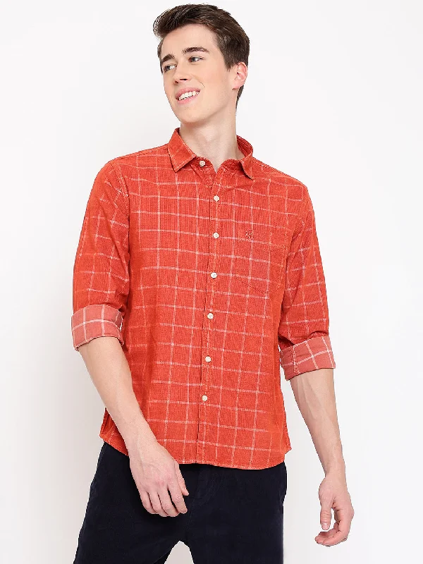 men's casual fit shirts -Men's Bright Red Casual Medium Checks Print Corduroy Full Sleeve Shirt