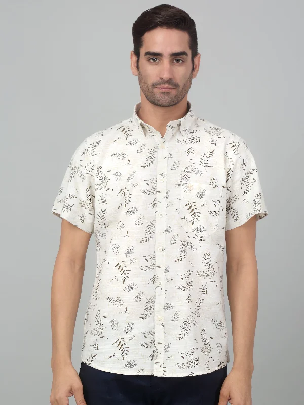 men's fitted button-up shirts -Men's Cream Casual Floral Print Half sleeve Shirt