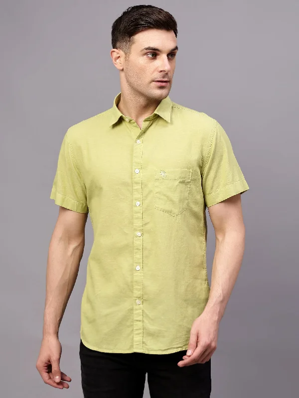 men's patterned dress shirts -Men's Light Green Casual Plain Half sleeve Shirt