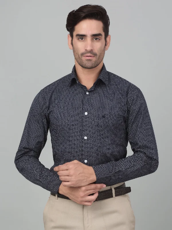 men's checkered formal shirts -Men's Navy Blue Formal Geometric Print Full Sleeve Shirt