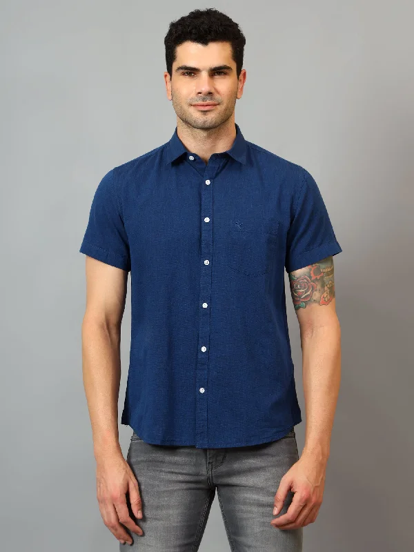 men's modern fit shirts -Men's Navy Blue Casual Plain Half sleeve Shirt