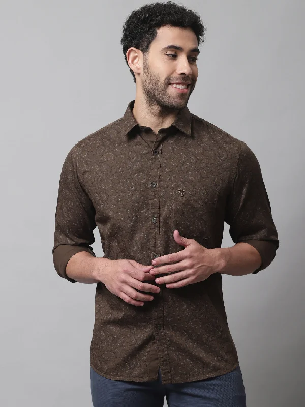 men's linen shirts -Men's Olive Green Casual Ditsy Print Full Sleeve Shirt