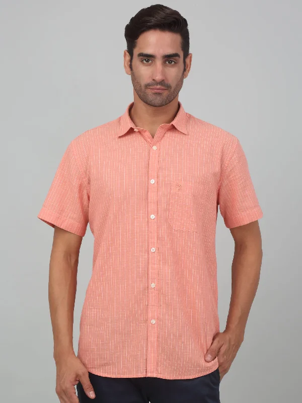 men's custom-tailored shirts -Men's Orange Casual Thin Stripe Half sleeve Shirt