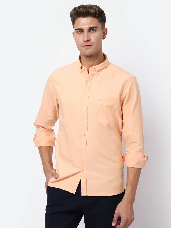 men's modern fit shirts -Men's Light Orange Casual Plain Full Sleeve Shirt