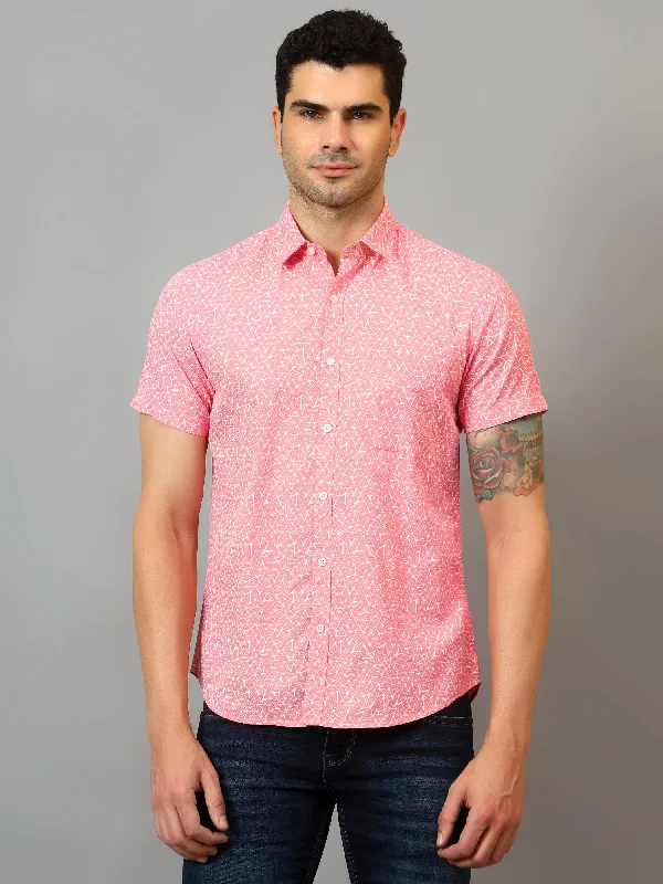 men's breathable button-up shirts -Men's Pink Casual Abstract Print Half sleeve Shirt