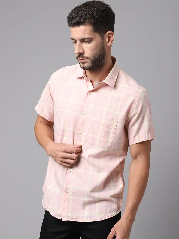 men's business dress shirts -Men's Light Pink Casual Big Checks Half Sleeve Shirt