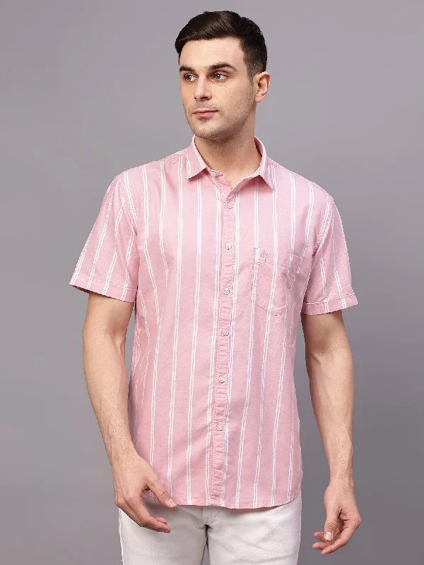 men's stylish long-sleeve shirts -Men's Pink Casual Broad Stripe Half sleeve Shirt