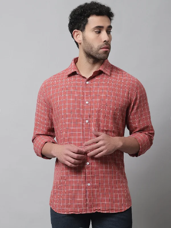 men's premium fabric shirts -Men's Red Casual Medium Checks Full Sleeve Shirt