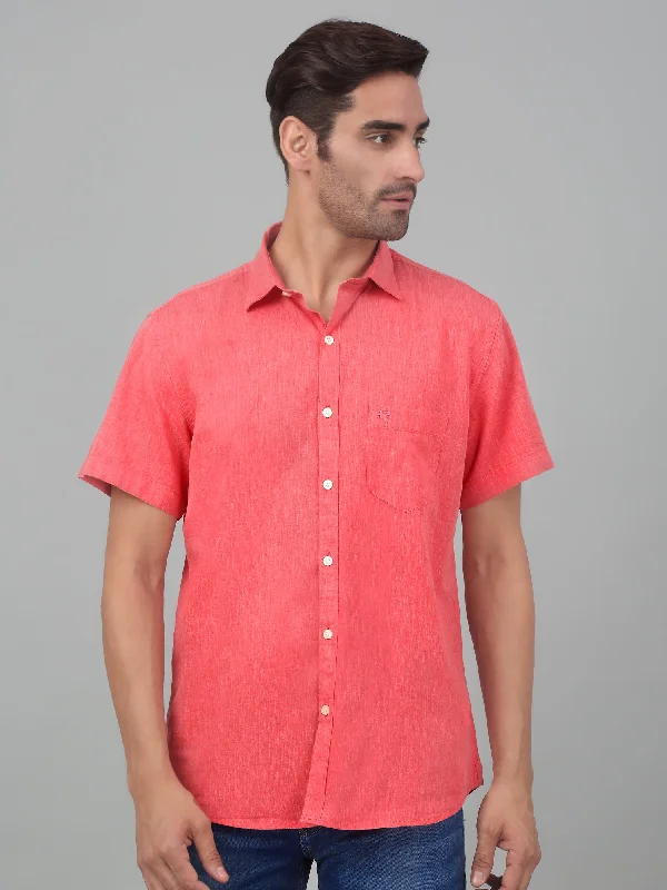 men's luxury shirts -Men's Red Casual Plain Half sleeve Shirt