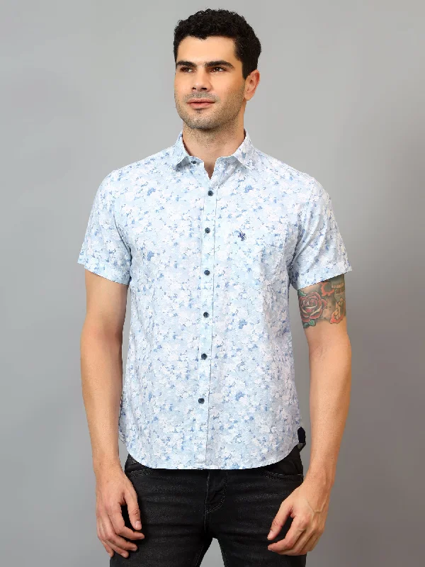 men's comfortable dress shirts -Men's Sky Blue Casual Floral Print Half sleeve Shirt