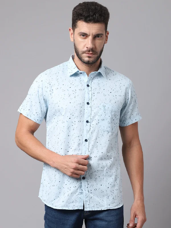 men's short-sleeve button-up shirts -Men's Sky Blue Casual Floral Ditsy Print Half Sleeve Shirt