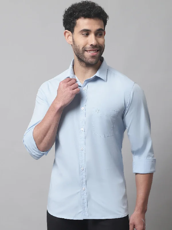 men's office shirts for summer -Men's Sky Blue Casual Plain Stretch Full Sleeve Shirt