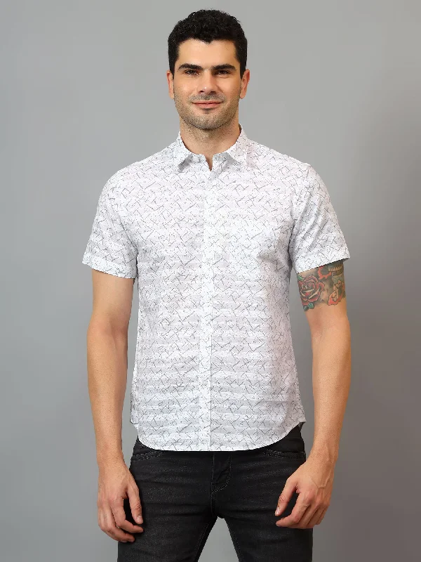 men's casual shirt styles -Men's White Casual Abstract Print Half sleeve Shirt