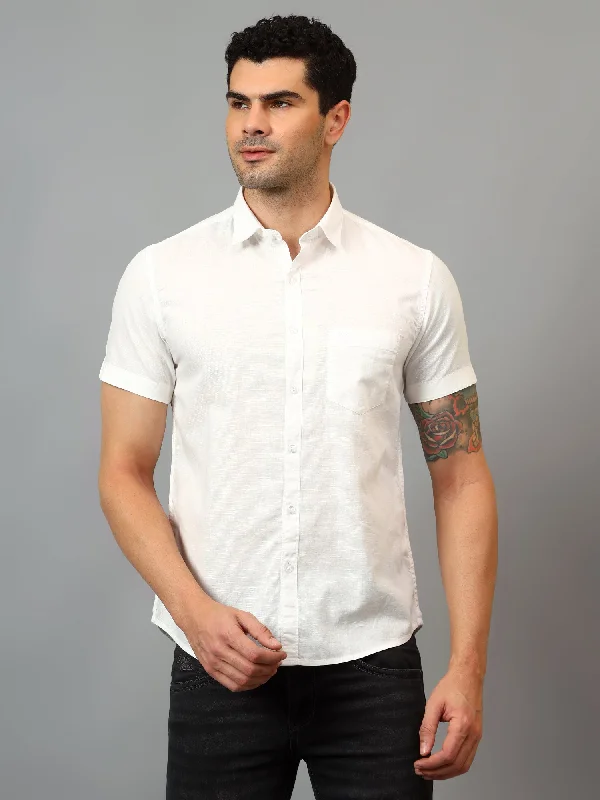 men's short-sleeve casual shirts -Men's White Casual Plain Half sleeve Shirt