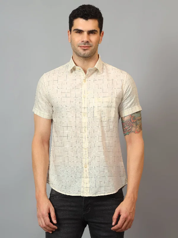 men's classic button-up shirts -Men's Yellow Casual Small Checks Half sleeve Shirt