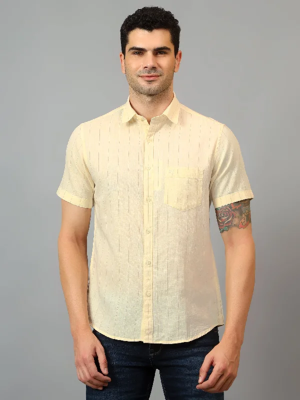 men's cool patterned shirts -Men's Yellow Casual Thin Stripe Half sleeve Shirt