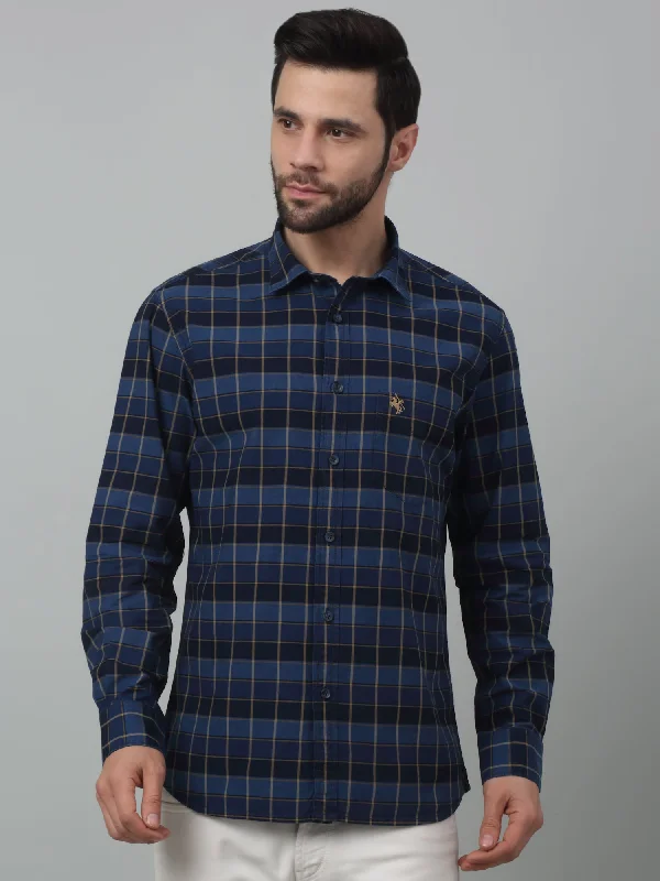 men's premium shirts -Men's Navy Blue Casual Medium Checks Full Sleeve Shirt