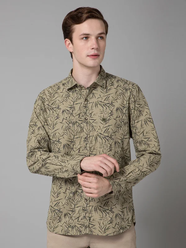 men's short-sleeve button-up shirts -Men's Olive Green Casual Foliage Print Full Sleeve Shirt