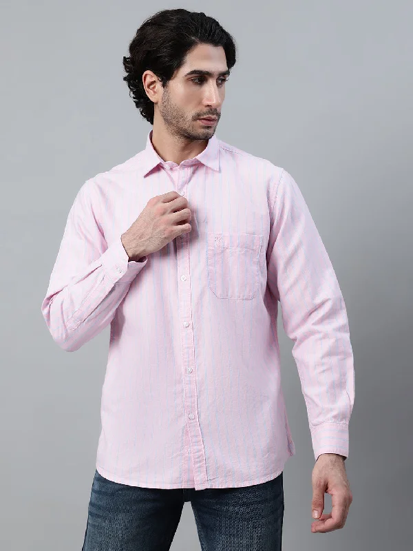 men's formal office shirts -Men's Pink Casual Narrow Stripe Full Sleeve Shirt