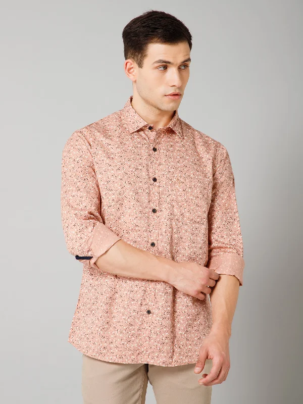 men's patterned button-down shirts -Men's Pink Casual Floral Print Full Sleeve Shirt