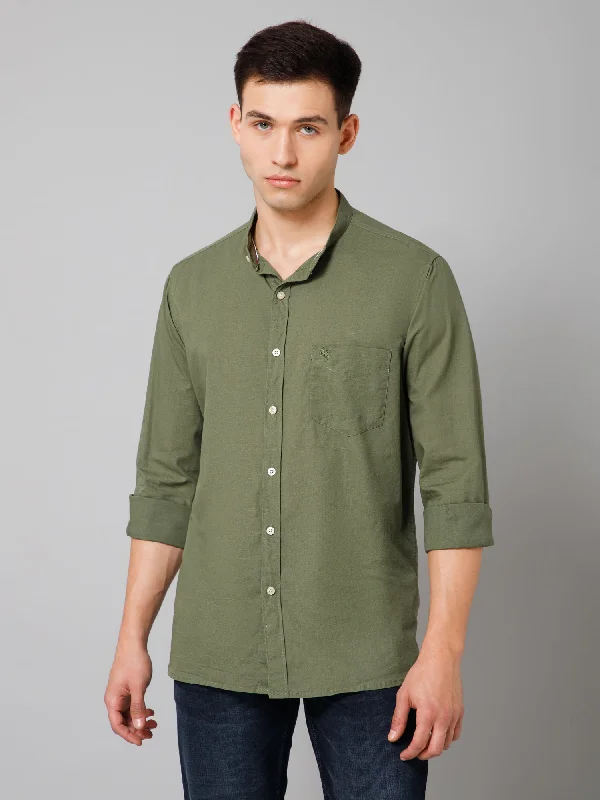 men's breathable shirts -Men's Olive Green Casual Plain Full Sleeve Shirt