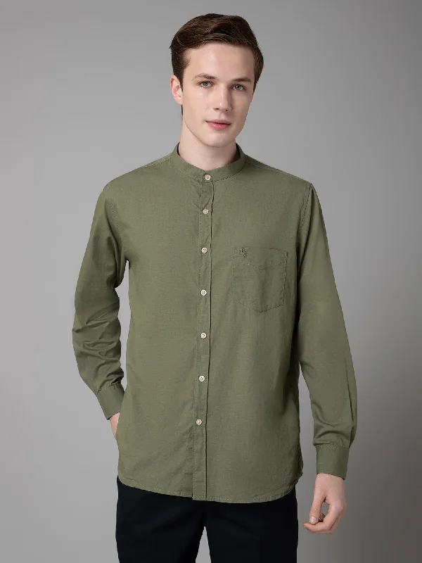 men's dress shirts with cuffs -Men's Olive Green Casual Plain Full Sleeve Shirt